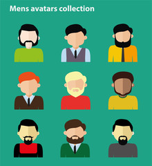 Flat mens avatar collection, set of people icons flat style