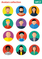 Flat avatar collection, set of 12 people icons in flat style with faces, avatars group of people.