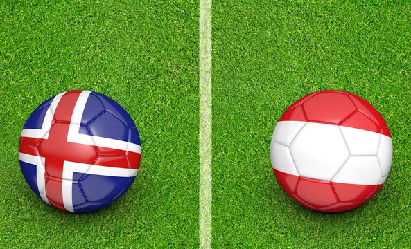 Team balls for Iceland vs Austria football tournament match, 3D rendering