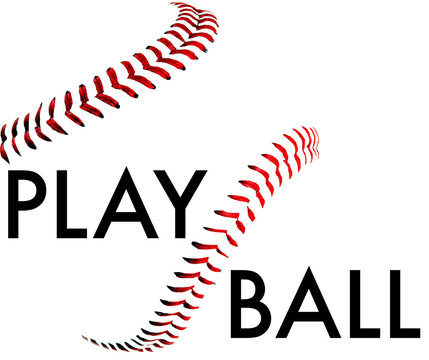 Play Ball! The words over white and the high key stitches of a baseball.