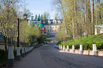 A sunny may morning at the Holy Dormition Pskovo-Pechora monastery. Pechory, Pskov region