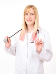 young doctor with stethoscope on white