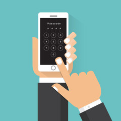 Hand holding smartphone with unlock screen. Flat style design