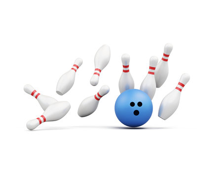 Bowling ball smashes into the pins on white background. Falling skittles. 3d rendering