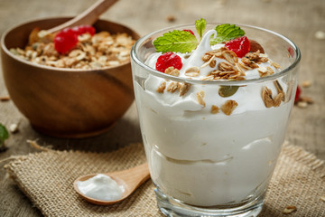 Homemade yogurt with granola, dried fruit and nuts bio - most he