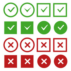Green check marks and red crosses vector buttons or icons. Sign no and yes mark. Check mark correct and negative. Vector illustration