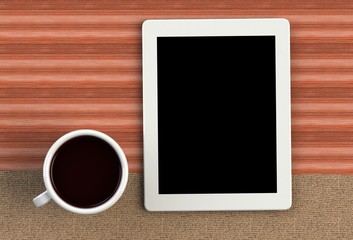 Coffee cup with tablet on brown fabric and wood table, 3D rendering