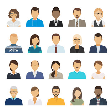 Business people flat avatars. Men and women business and casual clothes icons. Vector illustration