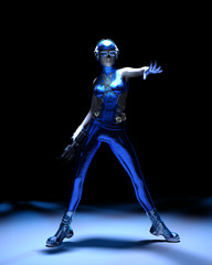 Fototapeta na wymiar Sparkling cyber girl in blue sci-fi outfit on black background 3d render