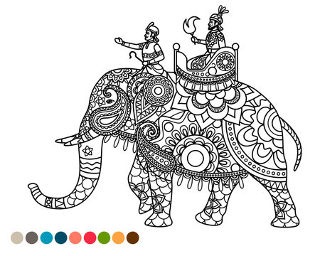 Antistress coloring page indian maharaja sitting on elephant decorated mandala ornament and colors samples