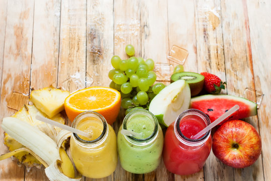 Row Juices Smoothie Three Bottles Fruits Tropical