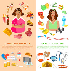 Healthy lifestyle and unhealthy lifestyle banner obesity problem