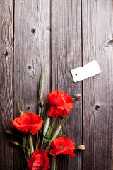 Red poppy flower and rye on old wood with scratches
