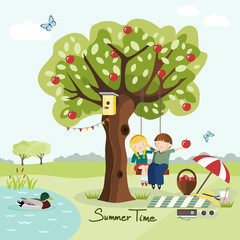 Kids swinging on a tree, summer greeting card, summer vector illustration, flat design