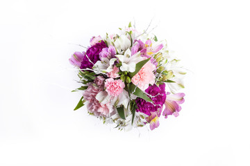 Bouquet from pink and purple gillyflowers on white