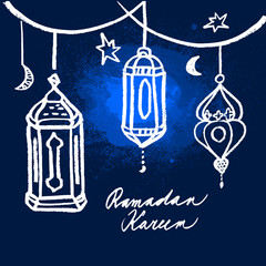 Blue lamps, Islamic ramadan greeting, invitation card, hand drawn chalk style vector illustration