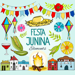 Set of Brazilian Festa Junina party, celebration elements, hand drawn vector illustration