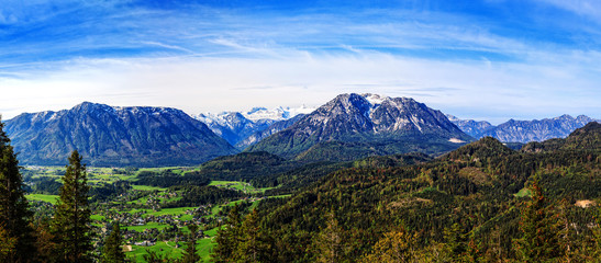 Alpine town situated in the valley of the mountains.