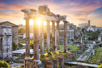 Colorful sunrise on the Roman Forum in Rome