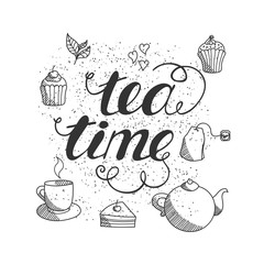 Tea time hand drawn lettering on abstract grunge background.  Template for poster, card etc.