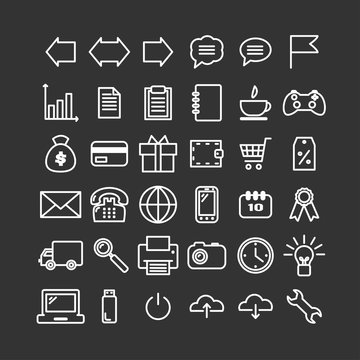 Collection of 36 universal linear icons. Thin icons for print, web, mobile apps design