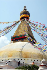 Bodnath stupa with Buddha eyes and prayer flags in Kathmandu, Nepal