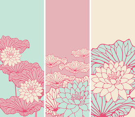 a set of Asian style floral bookmarks with lotus flowers and leaves in pink, ivory and blue