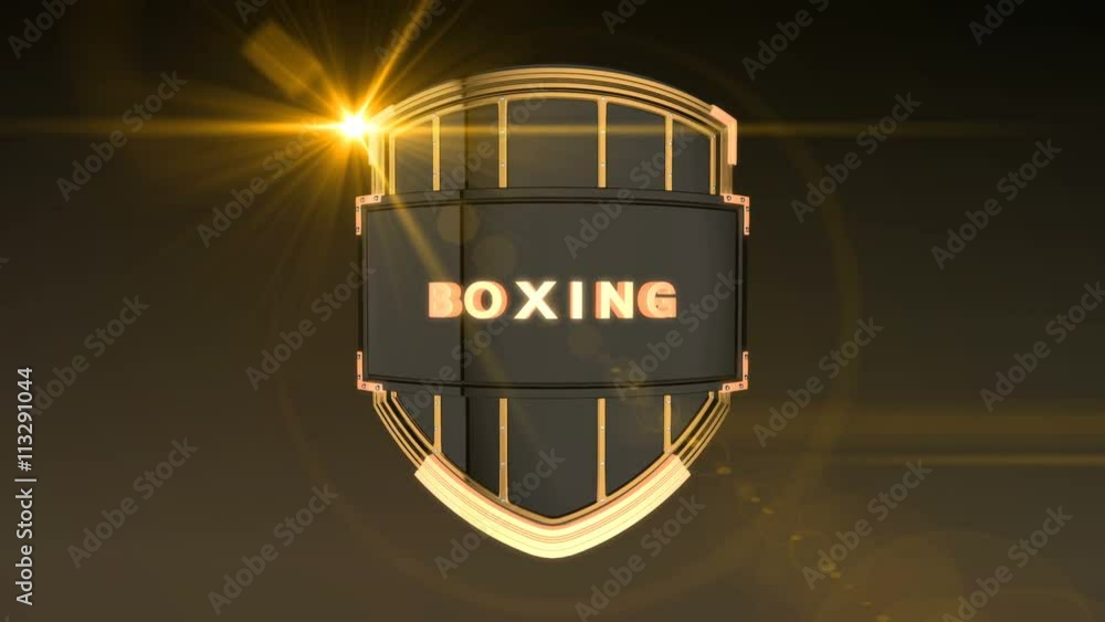Poster seamless looping 3d animation of the word boxing on a shield – orange light version; including alpha