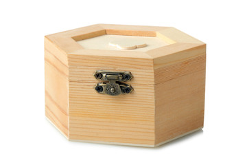 closed wooden casket on white isolated background