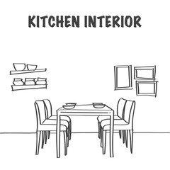 Sketch of kitchen interior with dinner table and chairs.