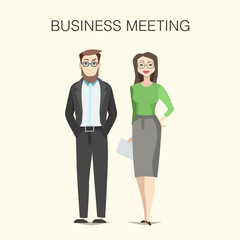 Business meeting illustration with cartoon senior business man and senior woman characters.