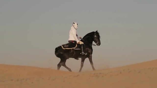Arabian horse rider riding on desert in Dubai