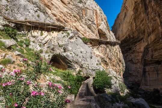 "Caminito del Rey" mountain path along steep cliffs, Malaga (Spain)