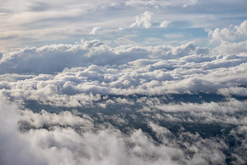 Morning misty fog on mountain. Deep green forest cover with heav
