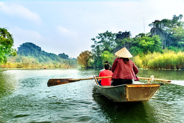 Yen stream on the way to Huong pagoda in autumn, Hanoi, Vietnam. Vietnam landscapes.