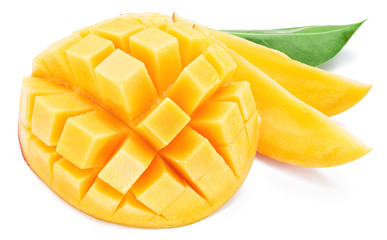 Mango cubes and mango slices. Isolated on a white background.