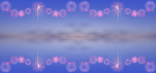 Fireworks on blurred twilight sky background with reflection