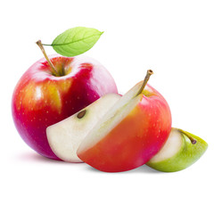 Red apple with green and red slices isolated on white background with clipping path. Red apple with leaf. Green and red apple slices isolated on white.