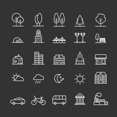 Set of linear icons of city landscape elements. Thin icons for web, mobile apps design