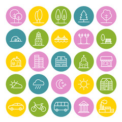 Set of linear icons of city landscape elements. Thin icons for web, mobile apps design