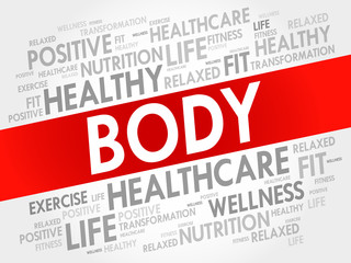BODY word cloud background, health concept