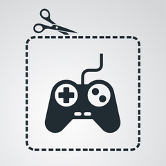 Icono plano tijeras cortando cupón con mando videojuegos en fondo degradado