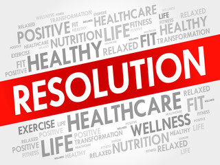 RESOLUTION word cloud background, health concept