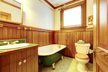 Brown and green antique bathroom with plank paneled walls and gr