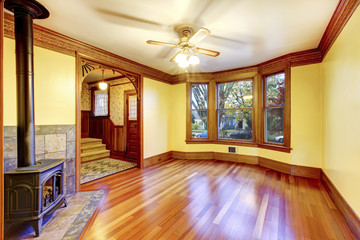 Unfurnished living room with fireplace, hardwood floor and paste