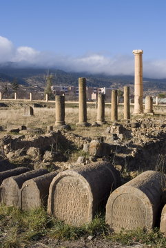 Memorials at the base of the Crossing Hall, at the Roman ruins of the barracks of the Third Augustan Legion, Lambaesis, Algeria