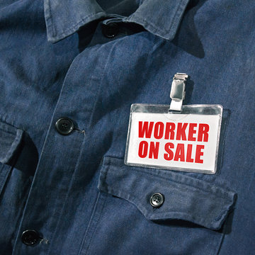 Worker on sale on workman's jacket. Add on badge red bold type.
