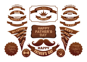 Set of Father's Day different labels and ribbons with inscriptions. Scrapbook elements for design and layout. Father's Day symbols and attributes in vintage style. Vector illustration