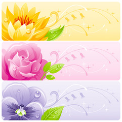 Summer flowers banner set with natural background. Water lily, rose, violet flower for invitation design - wedding card, birthday, bridal shower, mothers day and more.