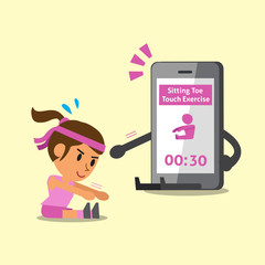 Cartoon smartphone helping woman to do sitting toe touch exercise